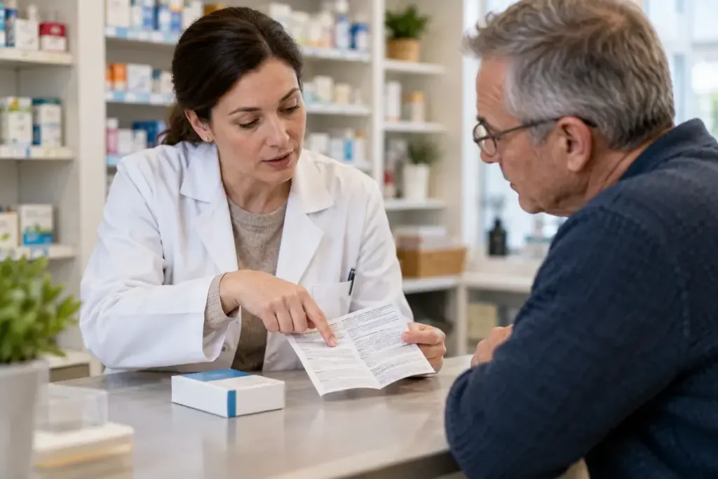 A pharmacist explaining a medicine leaflet to a customer.