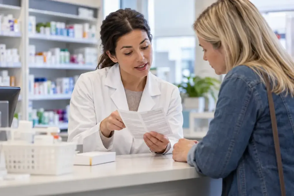 A pharmacist discussing a medicine leaflet with an adult at a pharmacy consultation counter.