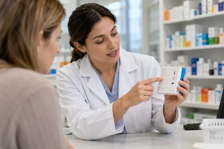 A pharmacist pointing to storage instructions on a medicine package.