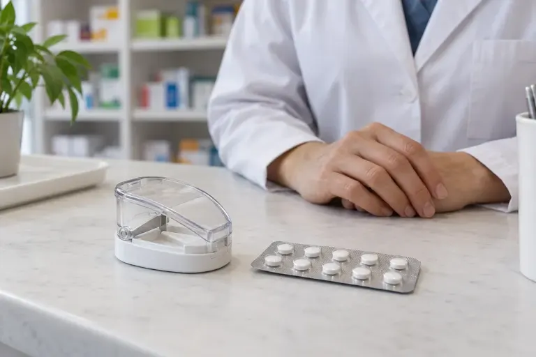 A closed tablet cutter beside an intact blister strip and a pharmacist's hands, no drug markings.