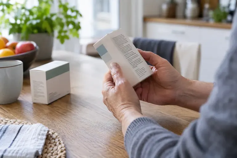 A hand reading the side panel of a medicine carton beside another package.