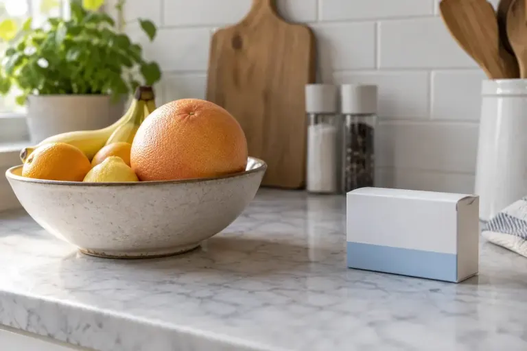 A grapefruit in a fruit bowl separated from a closed medicine carton on a kitchen counter.