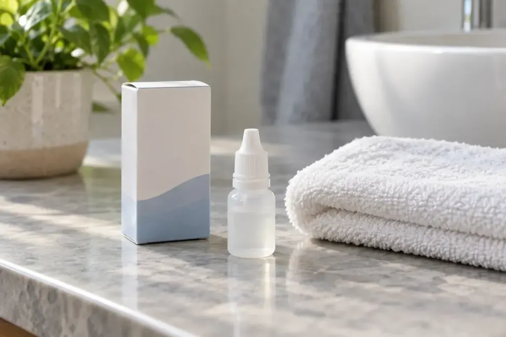 An unopened eye drop bottle beside its carton and a clean folded towel.