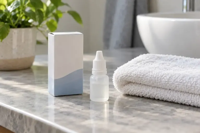 An unopened eye drop bottle beside its carton and a clean folded towel.