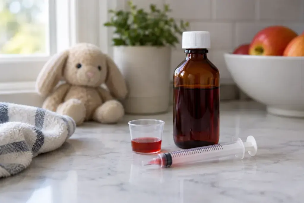 Oral dosing syringe without needle beside a plain liquid medicine bottle and measuring cup on clean counter.
