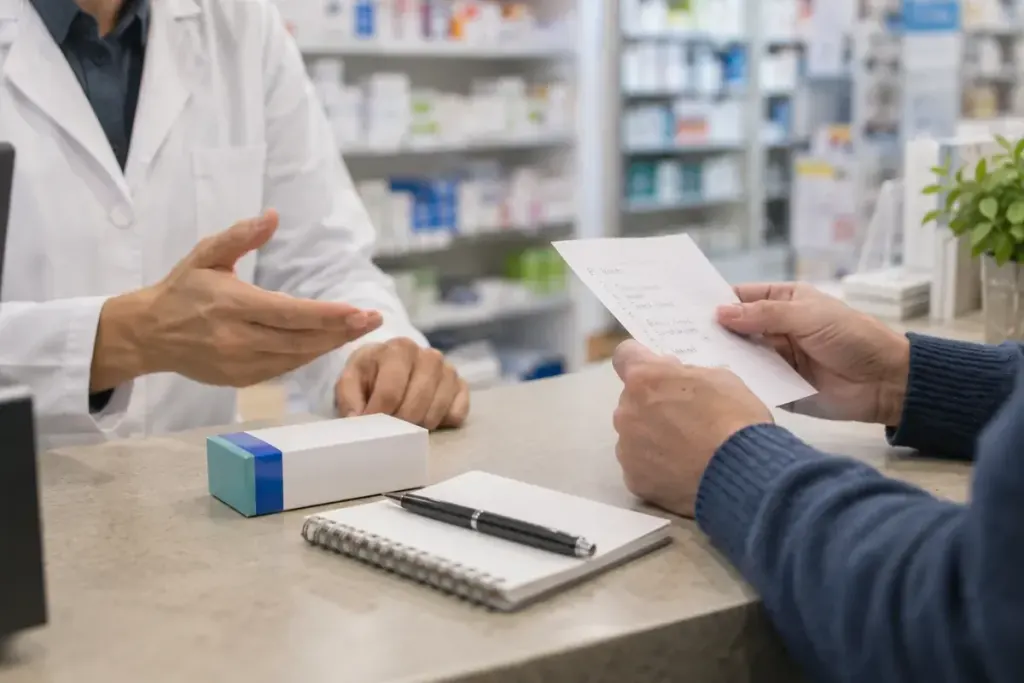 Hands reviewing a medicine list beside a closed package and pen.