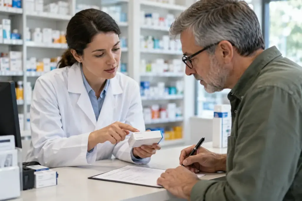 A pharmacist helping an adult record medicine packaging details on a reporting form.