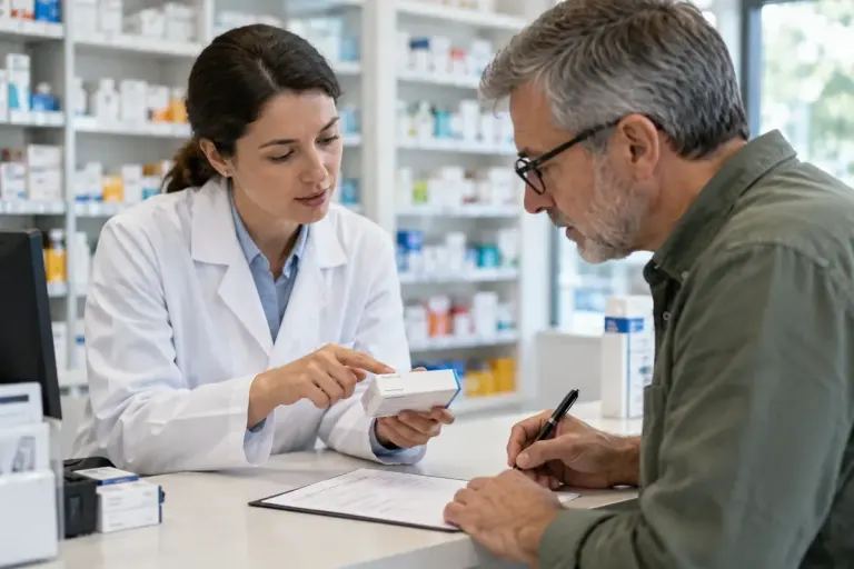 A pharmacist helping an adult record medicine packaging details on a reporting form.