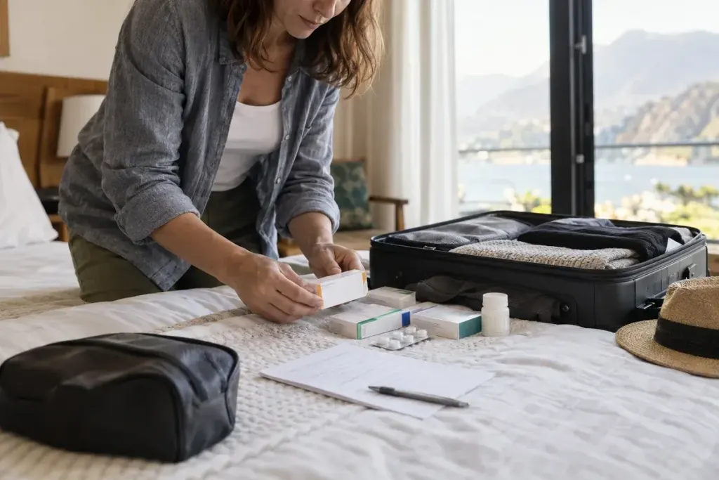 Traveller arranging original unbranded medicine boxes and a medication list beside a carry-on bag.
