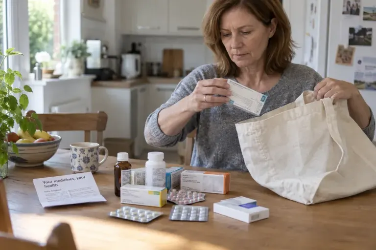 Adult gathering medicines in original packaging into a plain bag for a pharmacy return.