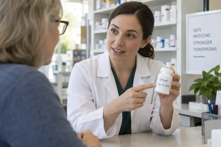 A pharmacist demonstrating a dated label on a plain medicine bottle.