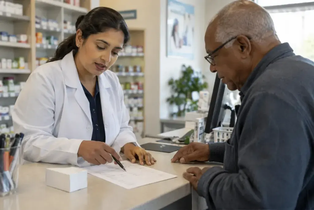 A pharmacist and customer reviewing a paper list beside a medicine box.