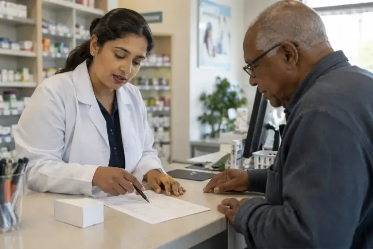 A pharmacist and customer reviewing a paper list beside a medicine box.